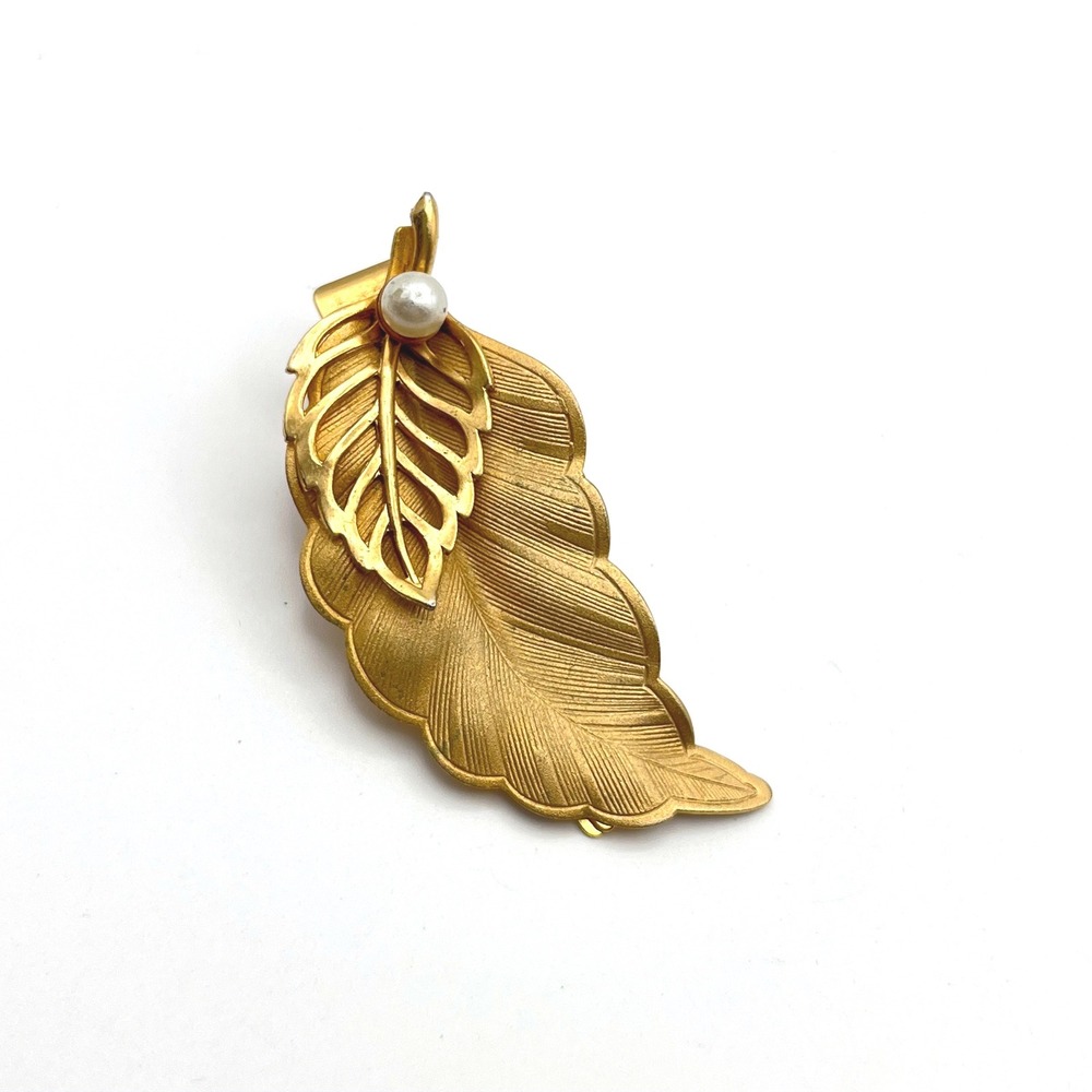Vintage Gold Tone Double Leaf Hair Clip Faux Pearl Botanical Alligator Barrette